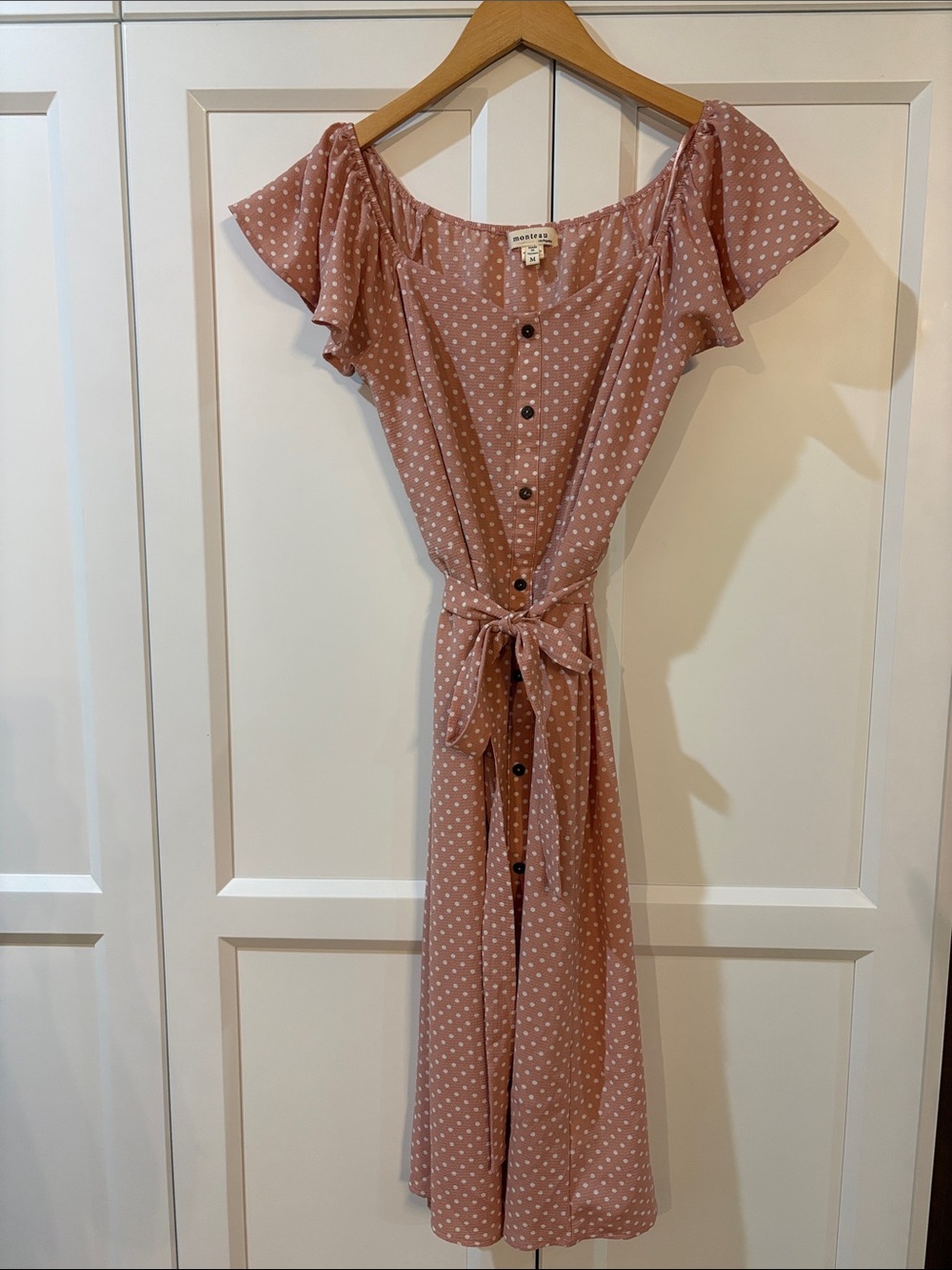 Monteau Dusty Rose Polka Dot Maxi Dress with Tie Waist